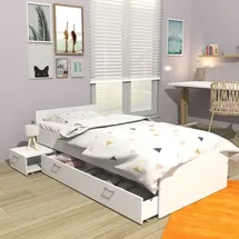 le quai des affaires - Bett Twist 90x190 + Nachttisch + Schublade / Weiß/ 194x94x65 Cm