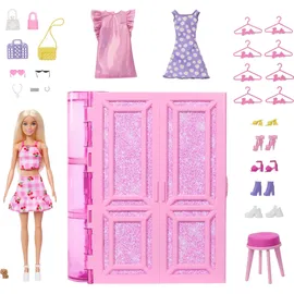 Barbie Traumkleiderschrank Spielzeug, Spielset mit blonder Modepuppe, Moden und