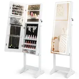 RELAX4LIFE Schmuckschrank mit Spiegel, Spiegelschrank mit 3-farbigen LED-Lichtern & Schubladen & Ablagen, Schmuckorganizer Abschließbar & Neigungsverstellbar (Weiß)