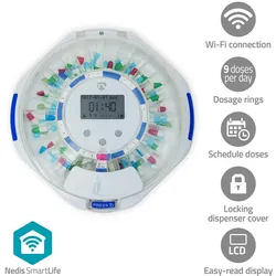 Nedis SmartLife Pillenspender - Wi-Fi - 28 Fächer - Anzahl der Alarmzeiten: 9 Weckzeiten pro Tag - Licht / Piep / Stimme - LCD-Anzeige - Weiss