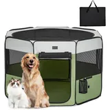 PETSFIT faltbar Welpenauslauf Tierlaufstall für Kleintiere Hunde Katzen,Hundelaufstall Freigehege mit Wasserdichter Boden,Pop-up System Kausicheres Design,Grau/Grün,116 * 106 * 70cm