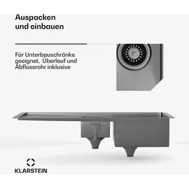 Klarstein Spülbecken – 1,5 Becken mit Abtropffläche, Robuster 304 Edelstahl, Kratz- & Hitzebeständig, Leicht zu Reinigen, Inkl. Überlauf & Ei... - Grau