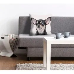 Dekokissen QUEENCE "Mailin", schwarz (schwarz, bedruckt), B:40cm L:40cm, Polyester, Dekokissen_Sitzkissen_Kissenhüllen, Kissenhülle,Chihuahua,Hund,Tiermotiv,Niedlich,Verspielt,Haustier,Zart