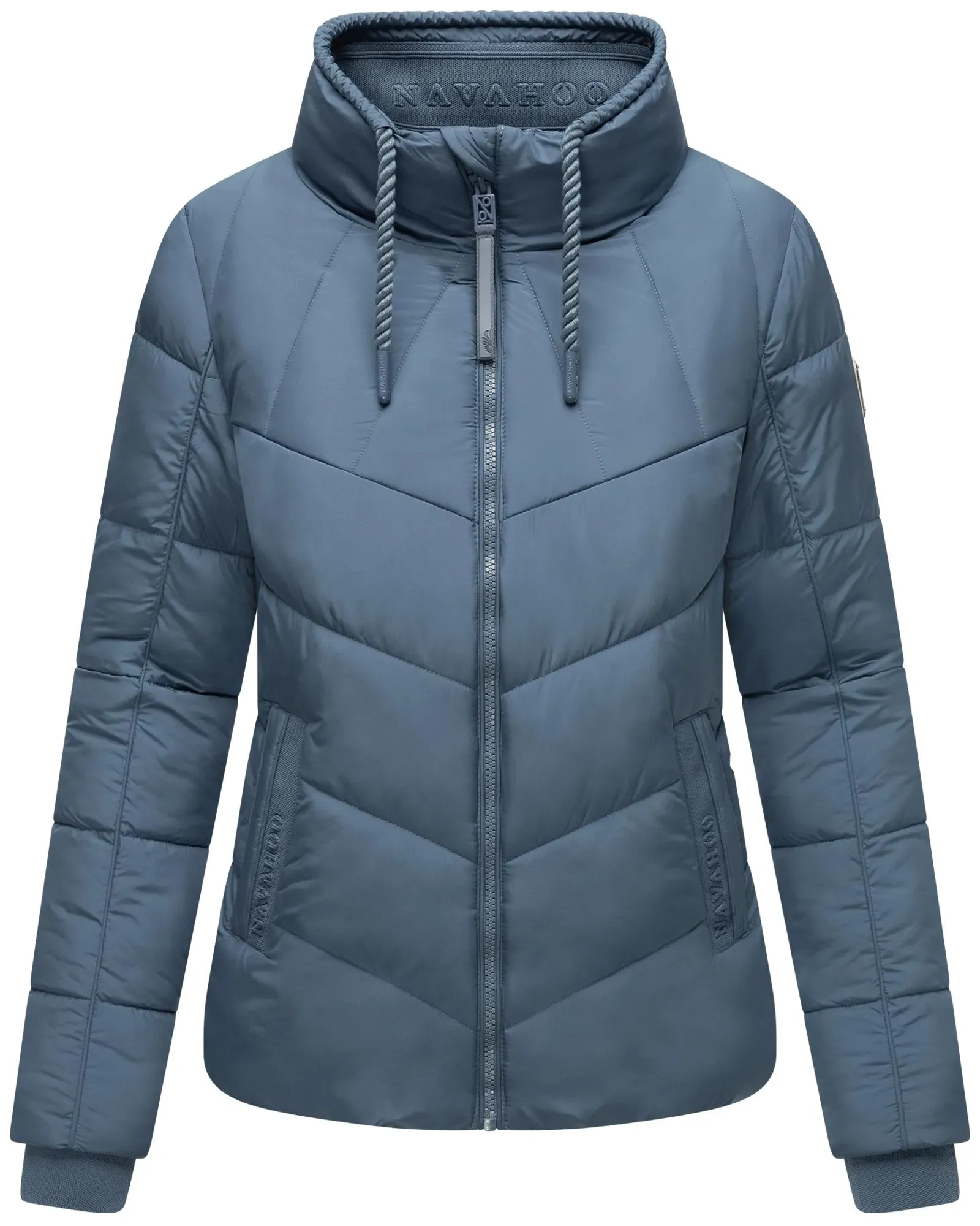 Steppjacke NAVAHOO "Liebesfee 14", Damen, Gr. L (40), blau (rauchblau), Obermaterial: 100% Polyester (recycelt), Futter: 100% Polyester (recycelt), Ärmelfutter: 100% Polyester (recycelt), Wattierung: 100% Polyester (recycelt), modisch, figurumspielend hüftbedeckend, hoch geschlossener Ausschnitt, Langarm Ärmel ohne Ärmelschlitz Rippstrickbündchen, Jacken, gesteppte Damen Übergangsjacke mit wattiertem Stehkragen