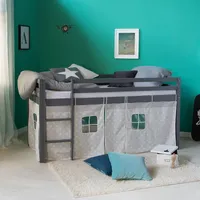 Homestyle4u Hochbett 1875 90 x 200 cm Kiefer massiv grau mit Vorhang Sterne