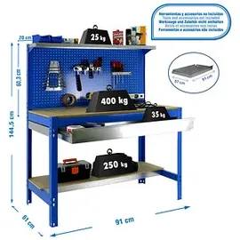 Simonrack Werkbank für Werkstatt, 910x610 mm, Lochwand und Schublade, Tragfähigkeit 400 kg, Blau)