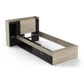 Demeyere Lit 90x190/200 Avec Rangement 1 Porte 3 Niches 1 tiroir – Noir Mat und Chêne Clair -124,5 x 226,9 x 90,5 cm, Eichenbürste/Mattschwarz, Eichenbürste/Mattschwarz