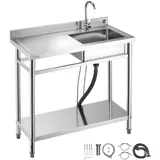 Vevor Spültisch Spülbecken Edelstahl (100 x 50 x 94 cm), Einzelbecken mit Wasserhahn & Ablage, Küchenspüle für Garage Restaurant Wäscherei, Waschtisch Außenspüle mit Arbeitsplatte (links)