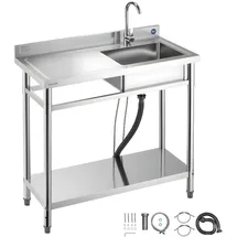 Vevor Spültisch Spülbecken Edelstahl (100 x 50 x 94 cm), Einzelbecken mit Wasserhahn & Ablage, Küchenspüle für Garage Restaurant Wäscherei, Waschtisch Außenspüle mit Arbeitsplatte (links)