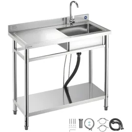 Vevor Spültisch Spülbecken Edelstahl (100 x 50 x 94 cm), Einzelbecken mit Wasserhahn & Ablage, Küchenspüle für Garage Restaurant Wäscherei, Waschtisch Außenspüle mit Arbeitsplatte (links)