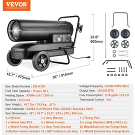 Vevor Kerosin-/Diesel-Warmluftheizung 100.000 BTU 29,3 kW Schwarz