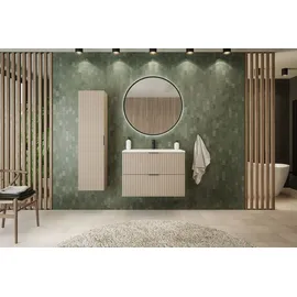 Rodan | Badmöbel | Beige Matt | B/H/T ca. 35/136/27 cm – Badezimmermöbel, Badezimmerschränk, Badschrank Hochschrank | 1 Softclose Tür - Beige