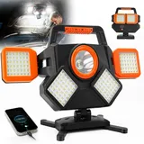 SideKing Baustrahler Akku 5000LM, Baustrahler LED 8000mAh mit 6 Lichtmodi, 360° Drehbar LED Strahler, Magnetische Werkstattlampe mit Powerbank, IP65 Wasserdicht led arbeitsleuchte f. Baustelle, Garage