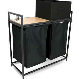 holz4home holz4home® Wäschekorb 2 Fächer 92 Liter ausziehbar mit Aufbewahrungsbox schwarz/Sonoma-Dekor braun
