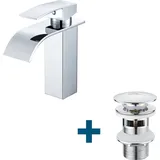Auralum - Waschtischarmatur Wasserfall Wasserhahn + Ablaufgarnitur mit Überlauf, Wasserhahn Bad mit Pop Up, Chrom
