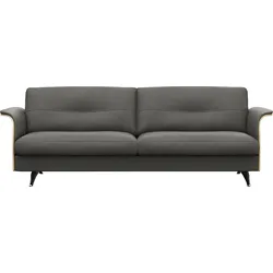 3-Sitzer FLEXLUX "Glow Designsofa, bequem und komfortabel durch hochwertigen Sitzaufbau", grau (warm mineral), B:224cm H:81cm T:91cm, 100% Echteder, Sofas, Skandinavisches Design, hochwertige Verarbeitung, Armlehne walnuss