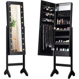 Costway - 18 Led-schmuckschrank Neigungsverstellbar, Schmuckregal Mit Ganzkoerperspiegel Und Kleinem Schminkspiegel, Schmuck Spiegelschrank Fuer Makeup Schwarz