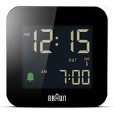 Braun Digitaler Reisewecker Mitteleuropäische Zeitzone (MEZ) mit Schlummerfunktion, kompakte Größe, Negatives LC-Display, Crescendo-Alarm in Schwarz, Modell BC08B-DCF.