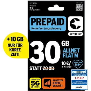 congstar Prepaid ALLNET M SIM-Karte ohne Vertrag I Prepaid-Paket in D-Netz-Qualität I 20 GB +10€ Startguthaben I Telefonie & SMS Flat in alle dt. Netze I EU-Roaming inkl.