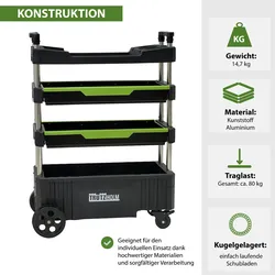 Baumarktplus Montagewagen klappbar mobil transportabel 67,5x40x95 cm Traglast 80 kg 4 Ablagefächer leer