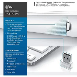 CSL Wireless-Tastatur, 2,4Ghz Slim Design Mini Keyboard, platzsparend, ergonomisch, Kabellos, silber