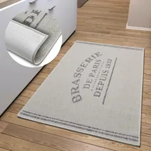 HANSE HOME Brasserie de Paris Küchenläufer – Küchenteppich Läufer Teppich mit Schriftzug, rutschfest Pflegeleicht Robust, ÖKO-TEX Teppichläufer für Küche, Flur, Esszimmer – Creme Grau, 92x150cm