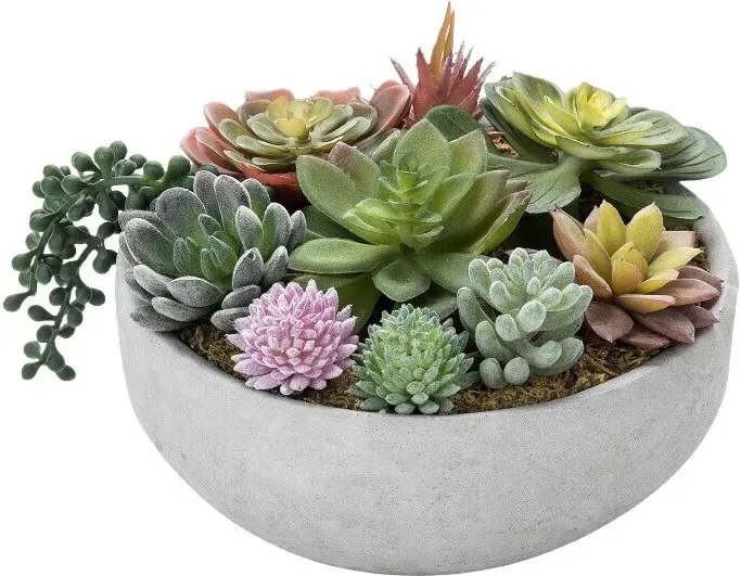 MyGift 20 cm Rundes Modernes Künstliches Sukkulenten-Arrangement in Grauer Beton-Pflanzschale, Verschiedene Künstliche Mini-Sukkulenten im Dekorativen Pflanztopf