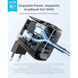 Anker 100W USB C Ladegerät, Smart Ladegerät, kompaktes 3-Port GaN Netzteil