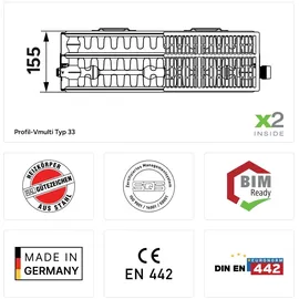 Kermi Profil Vmulti therm-x2 Flachheizkörper Typ 33 600x155x1600mm 3578W bei 75/65/20 Grad C