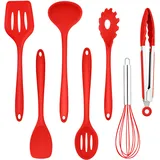 Homikit Silikon Küchenhelfer Set, 7 Stück Antihaft Küchenutensilien Kochbesteck set, Hitzebeständiger Kochutensilien Küchenzubehör zum Kochen, Backen, Gesund/Spülmaschinenfest, Rot