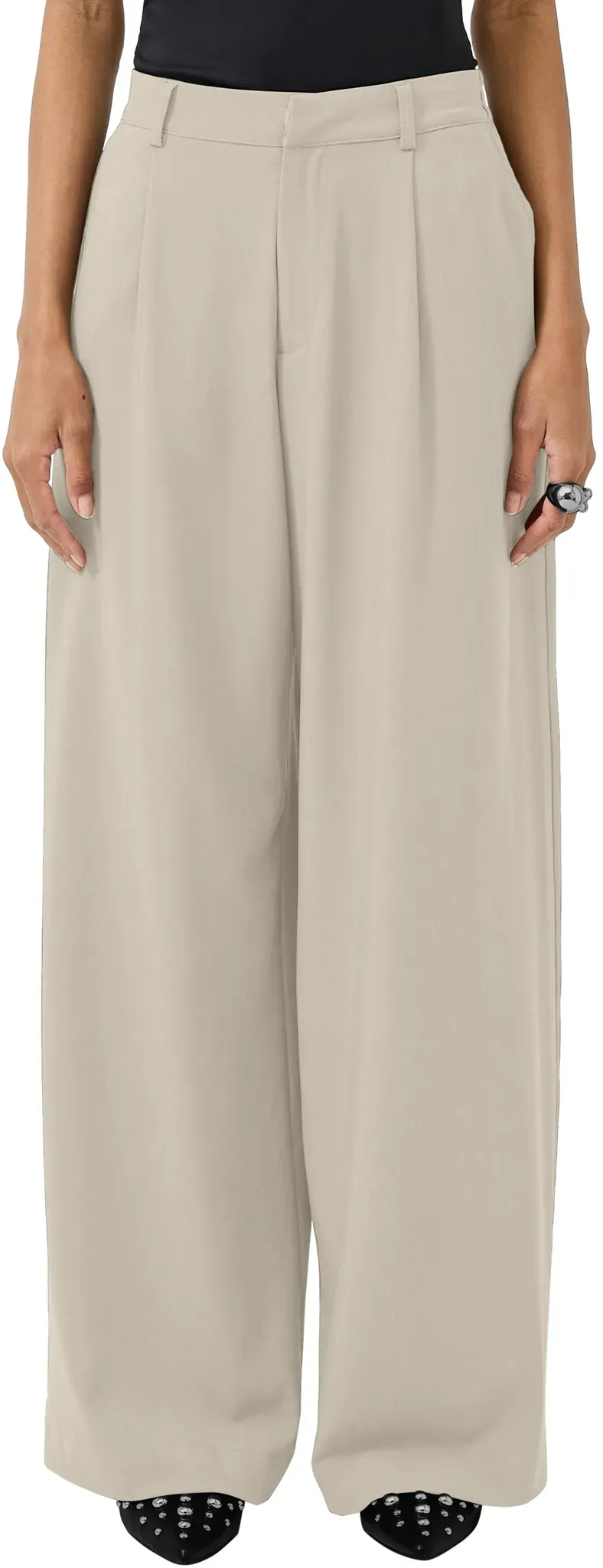 Stoffhose QS, Damen, Gr. 34, Länge 32, beige, Web, Obermaterial: 81% Polyester, 15% Viskose, 4% Elasthan, unifarben, loose fit lang, Hosen Stoffhose, mit Taschen
