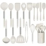 OKWISH Kochbesteck-Set 15er Küchenhelfer Set Kochgeschirr Küchenutensilien Küchengerät Küchen (Gesund Silikon Kochset Antihaft Hitzebeständig mit Utensilienhalter, 15-tlg., Silikonspatel, Kochlöffel, Utensilien-Set, BPA-frei, Kochutensilien), Spülmaschinengeeignet Kochzubehör für kochen und backen usw weiß