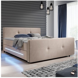 Juskys Boxspringbett Houston 180x200 cm - Bett mit LED, Topper & Federkern-Matratzen – Stoff Beige
