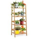 HOMASIS Standregal Bambus, Leiterregal mit 4 Ablagen, Bücherregal Blumenregal Pflanzenregal Multifunktionales Regal Aufbewahrungsregal Baderegal für Wohnzimmer, Badezimmer, Balkon & Küche, Natur