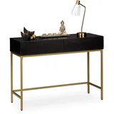 Relaxdays Konsolentisch, 2 Schubladen, Sideboard Flur, Wohnzimmer, Ablagetisch Holzoptik, HBT 80x110x40 cm, schwarz/gold