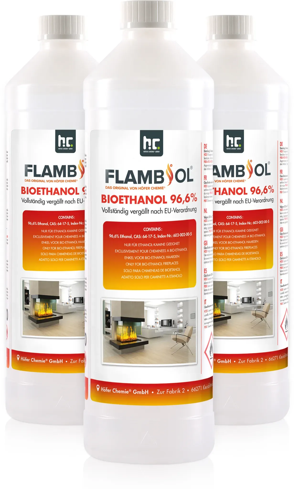 3 x 1 L FLAMBIOL® Bioéthanol 96,6% Premium (en bouteille) pour cheminée de table...
