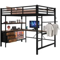 OKWISH Hochbett Funktionsbett,Einzelbett,Jugendbett,Kinderbett,Stauraumbett (Hochbett 140x200 cm mit Ambientelicht, Schreibtisch, USB-Steckdose, 3 Schubladen & Regalen, Sicherheitsgeländer, Treppe) ohne Matratze