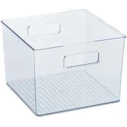Relaxdays Kühlschrank Organizer, Aufbewahrung von Lebensmitteln, HBT: 15,5x21x21 cm, Küchenbox mit Griffen, transparent