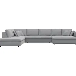 Wohnlandschaft FLEXLUX "Lovane, U-Form, bequem und komfortabel", grau (sophisto grau), B:400cm H:84cm T:272cm, 100% Polyester, Sofas, Weich & anschmiegsam, große Sitztiefe auf Kaltschaum, Dekokissen inkl.