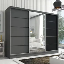 mebloland Schwebetürenschrank, 3-türig Schrank 200 cm mit Spiegel AURELIA 2 (Graphit | Graphit | Schwarz) - Grau/Schwarz
