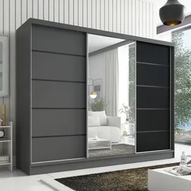 mebloland Schwebetürenschrank, 3-türig Schrank 200 cm mit Spiegel AURELIA 2 (Graphit | Graphit | Schwarz) - Grau/Schwarz