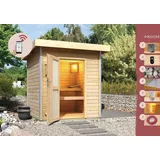 Karibu Saunahaus Außensauna Gartensauna Außensauna FREYA 38mm Wandstärke 196 x 196 cm großes Sparset mit Ofen und Steuergerät