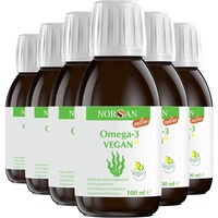 NORSAN Premium Omega 3 Vegan hochdosiert (6x 100ml) / 2000mg Omega-3 Tagesdosierung/Algenöl reich an EPA & DHA - 800 IE Vitamin D3 / 100% veganes Omega 3 Öl aus nachhaltiger Kultivierung