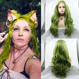 SERENEWIG Pastell-Matcha-Grün, synthetische Lace-Front-Perücke für Frauen, schöne olivgrüne Farbe, hitzebeständige Faser, lange federnde Wellen, Lolita, Cosplay-Perücke, Drag Queen, 61 cm