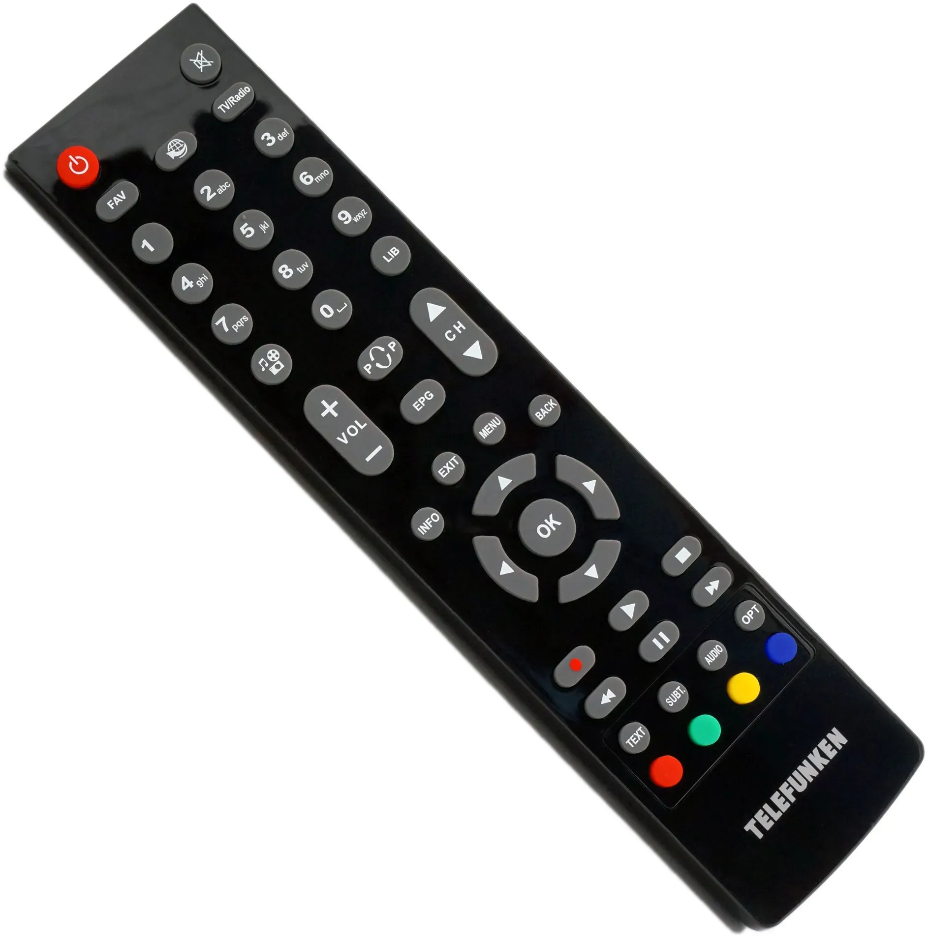 Telefunken Original / Ersatz Fernbedienung TLC147 passend für den Telefunken Receiver TFK-S2000 Elegantes ergonomisches Design mit schwarzem Hochglanz Finish (nicht für Telefunken TV-Geräte)