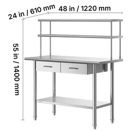 Vevor Gastronomie Arbeitstisch 1220 x 610 x 1400 mm, Edelstahltisch mit Grundboden & 2 Schubladen & Doppelaufsatzbord, Gewerblicher Vorbereitungstisch Werkbank für Restaurant Garage Küchentisch