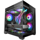 Mars Gaming MC-VIEW2, Gaming-Gehäuse MicroATX, Doppeltes Rahmenloses Gehärtetes Glas, 1x 120mm FRGB-Rücklüfter, Unterstützung für Flüssigkeitskühlung bis zu 240mm, Doppelkammer-Design, Schwarz