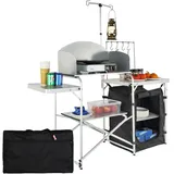 Vevor Campingküche Outdoor Faltbar 78 x 49 x 13 cm, Alu Campingschrank, Camping Küche mit Windschutz, Campingmöbel Reiseküche inkl. Haken & Lampenmast 66-121 cm, Küchenschrank Campingtisch Reisen