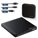 techPulse120 Externes UltraHD UHD 4k 3D M-DISC BDXL HDR10 100GB USB 3.0 & USB-C Laufwerk Bluray Brenner Burner Superdrive UltraSlim BD DVD CD Ultra Paket Tasche 90cm Anschlusskabel Aluminium Schwarz