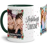 Tasse - Lieblings-Cousine - zum selbst Gestalten mit zwei Fotos - Fototasse für die Cousine - Keramik, Innen & Henkel Dunkelgrün, 300 ml